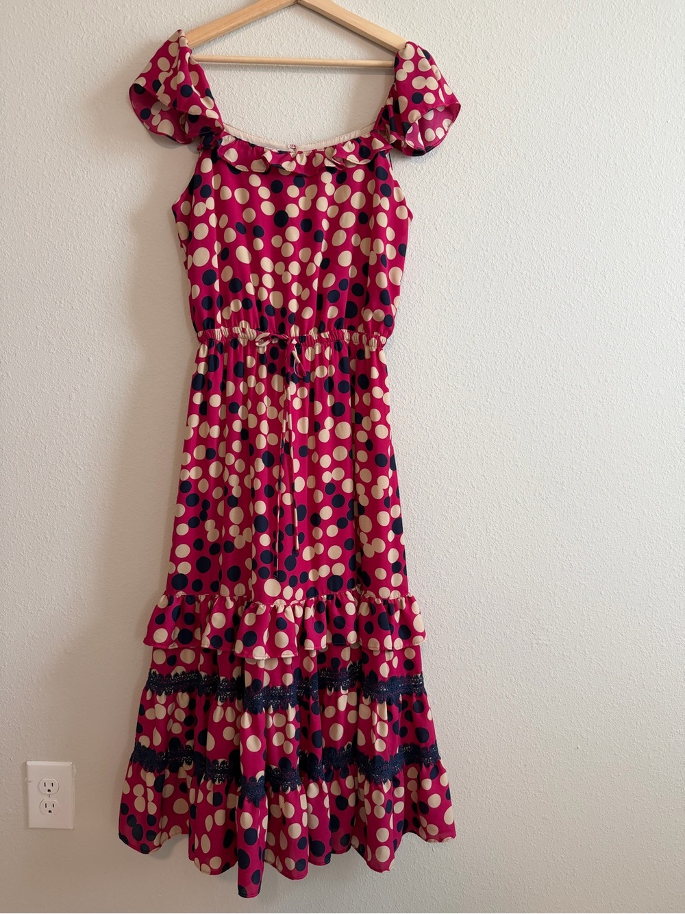 Polka Dot Off-Shoulder Midi Dress in Magenta
